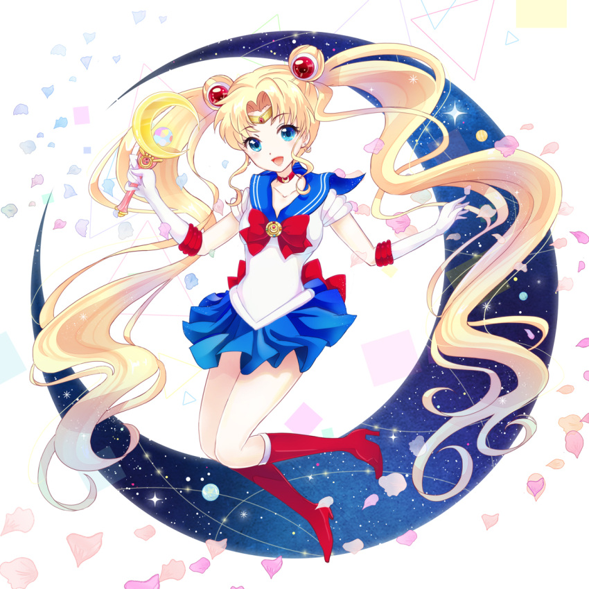 1girl, :d, bishoujo_senshi_sailor_moon, blonde_hair, blue_eyes, blue_skirt, boots, bow