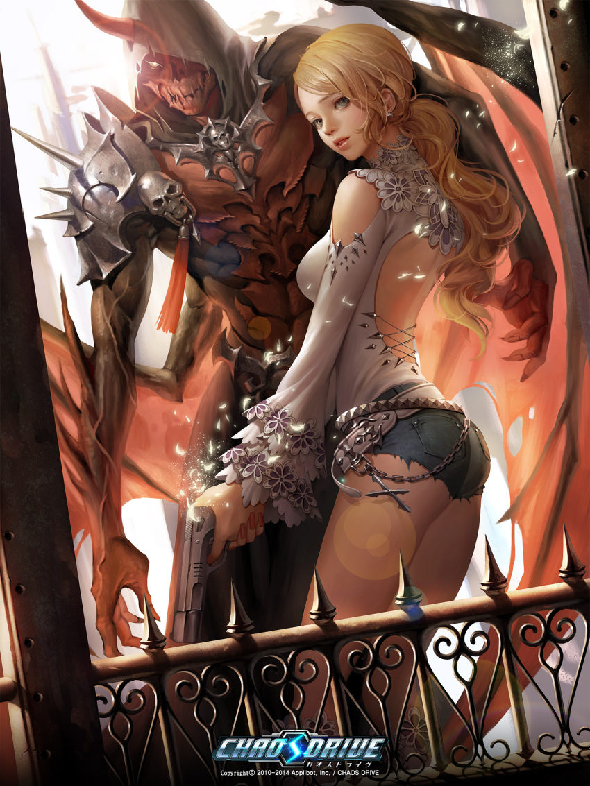 1girl, 2010, 2014, back_cutout, bangs, bare_legs, belt, black_eyes