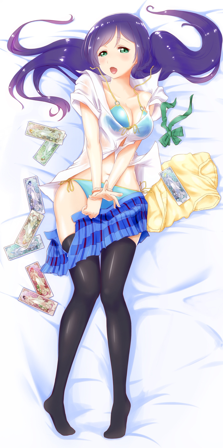 1girl, :o, absurdres, amano_loto, bikini, bikini_under_clothes, black_legwear, blush