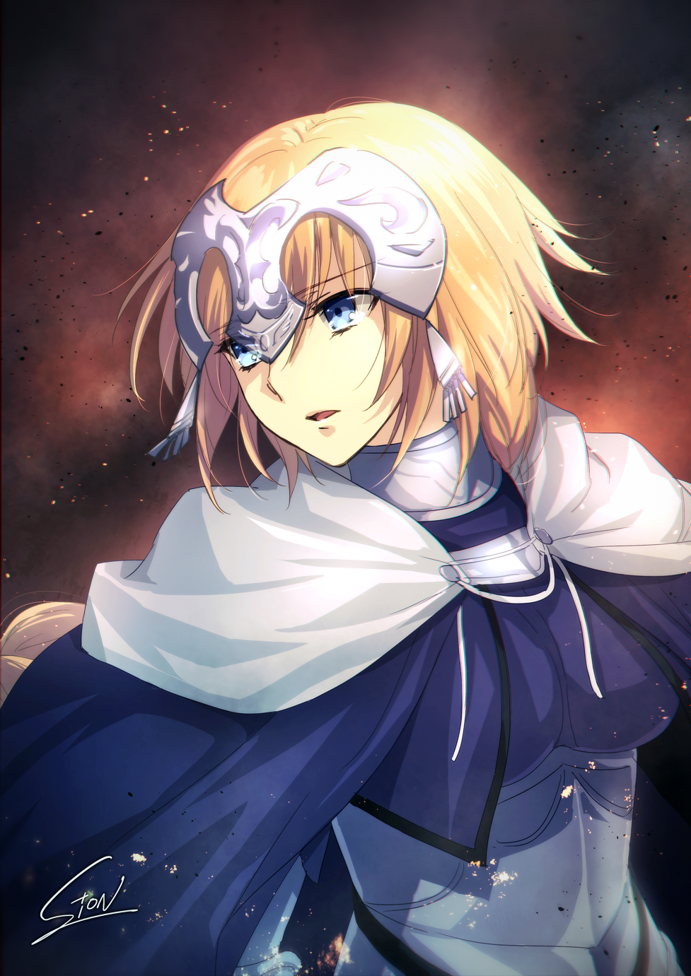 1girl, artist_name, blonde_hair, blue_eyes, braid, cape, fate/grand_order, fate_(series)