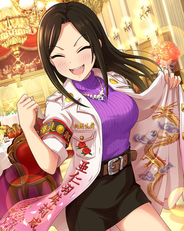 1girl, ^_^, armband, artist_request, belt, black_hair, black_skirt, blush