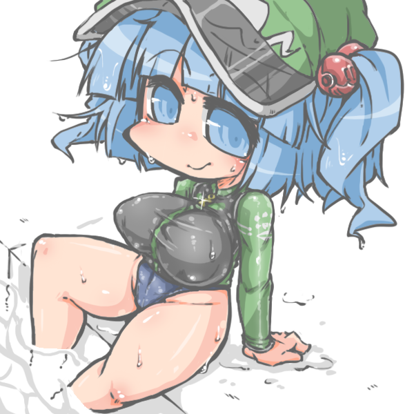 1girl, alternate_costume, blue_eyes, blue_hair, blush, breasts, covered_nipples, hair_bobbles, hair_ornament, hat, kawashiro_nitori, kureha_mitsushige, large_breasts, long_sleeves, looking_at_viewer, love_handles, short_hair, smile, solo, sweat, swim_shirt, thighs, touhou, two_side_up, wading, water, wet