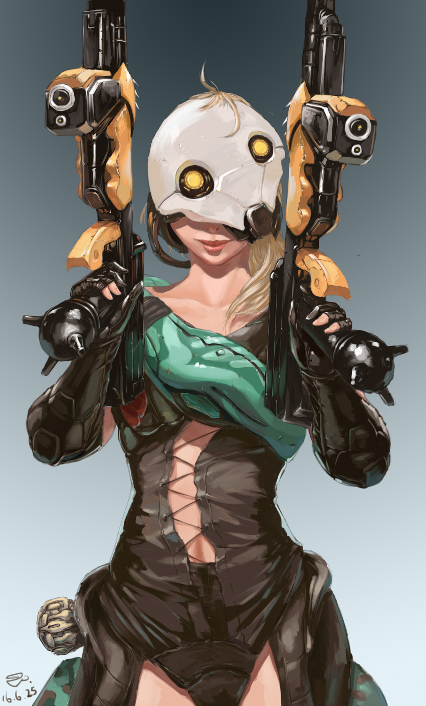 1girl, absurdres, armor, artist_request, blonde_hair, clem, dual_wielding, female