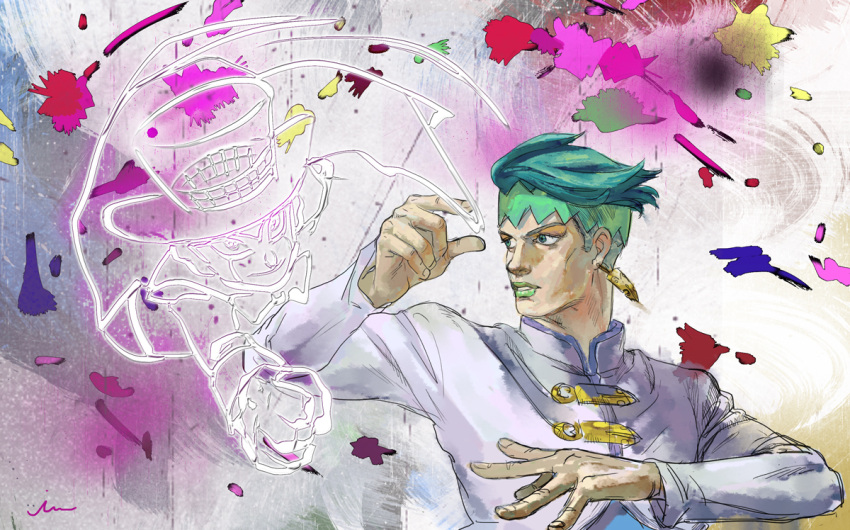 1boy, earrings, green_eyes, green_hair, green_lipstick, headband, heaven's_door, inu_riyoushi, jewelry, jojo_no_kimyou_na_bouken, kishibe_rohan, lipstick, makeup, male_focus, splatter, stand_(jojo), upper_body