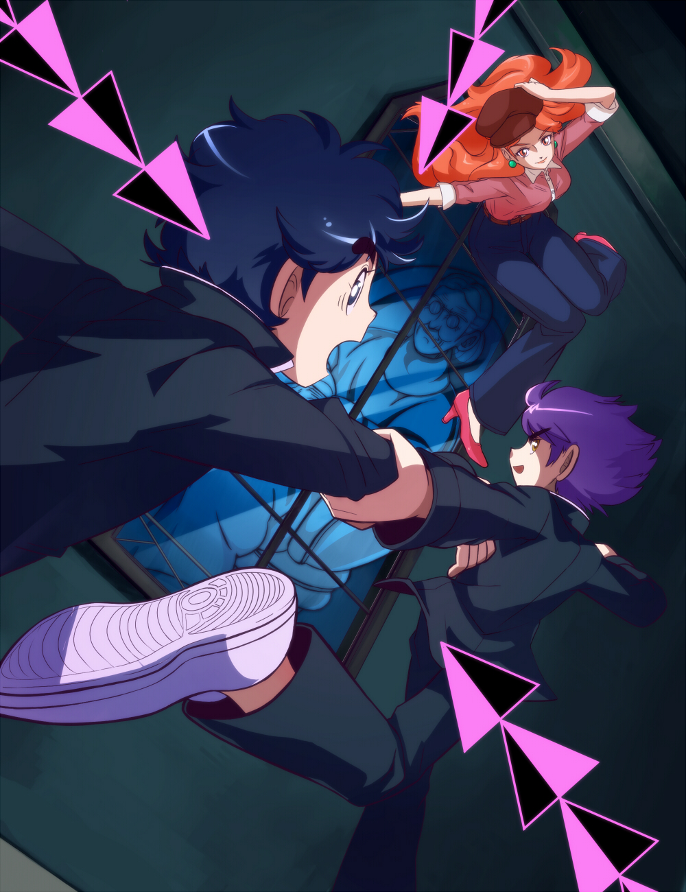 1girl, 2boys, blue_eyes, blue_hair, brown_eyes, bt's_grandmother, bt_(ma_shounen_bt), doro_in