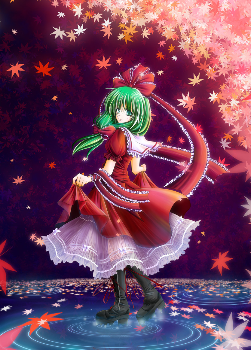 green_hair, hair_ribbon, kagiyama_hina, leaf, leaves, looking_back, ribbon, touhou