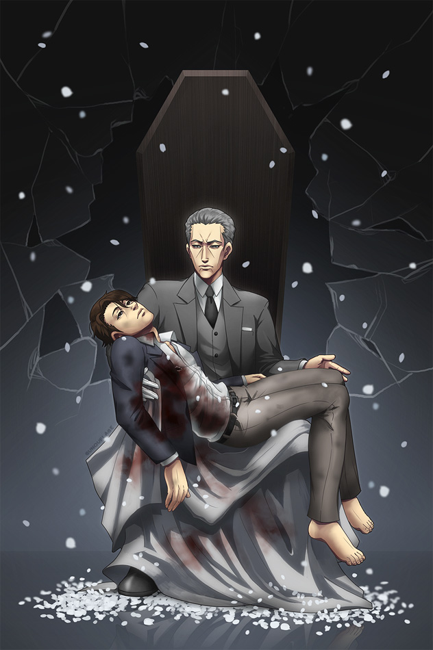 2boys, artist_name, barefoot, belt, black_necktie, black_shoes, blood, bloody_clothes, brown_hair, coffin, fine_art_parody, formal, grey_hair, grey_pants, gunouflage, joker_game, male_focus, miyoshi_(joker_game), multiple_boys, necktie, pants, parody, pieta, shoes, sitting, spoilers, suit, yuuki_(joker_game)