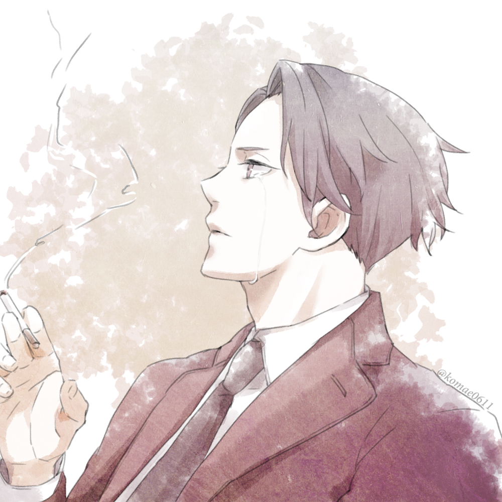 1boy, black_necktie, brown_eyes, brown_hair, cigarette, crying, formal, instagram_username, joker_game, k0mk0mk0m, looking_to_the_side, male_focus, miyoshi_(joker_game), necktie, profile, smoking, solo, suit, tears
