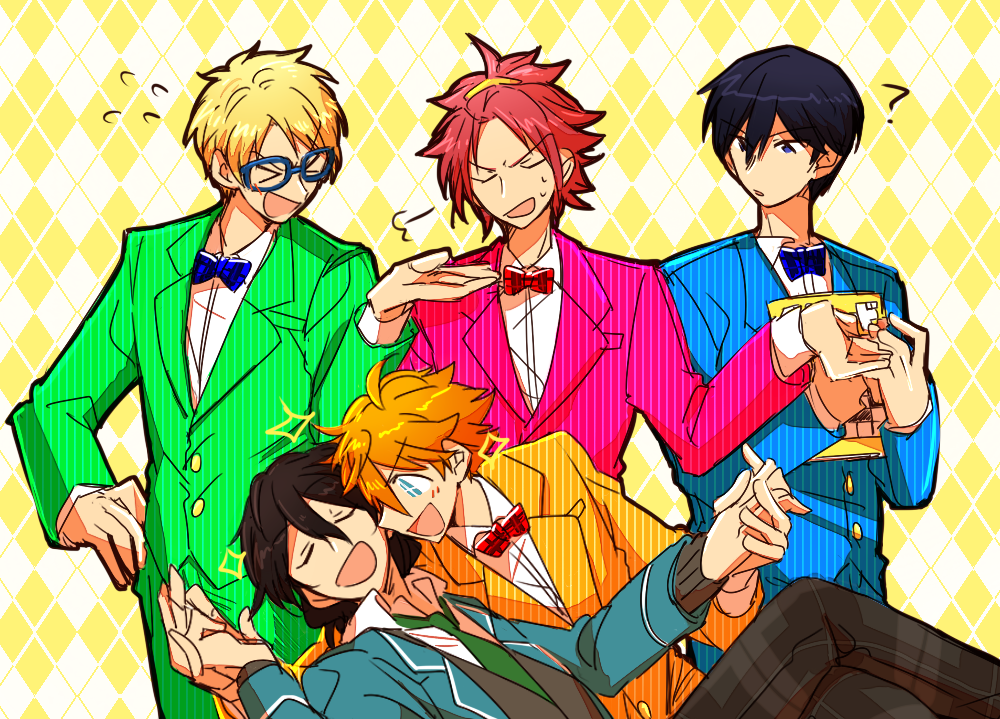5boys, akehoshi_subaru, ensemble_stars!, formal, green_necktie, hidaka_hokuto, isara_mao, male_focus