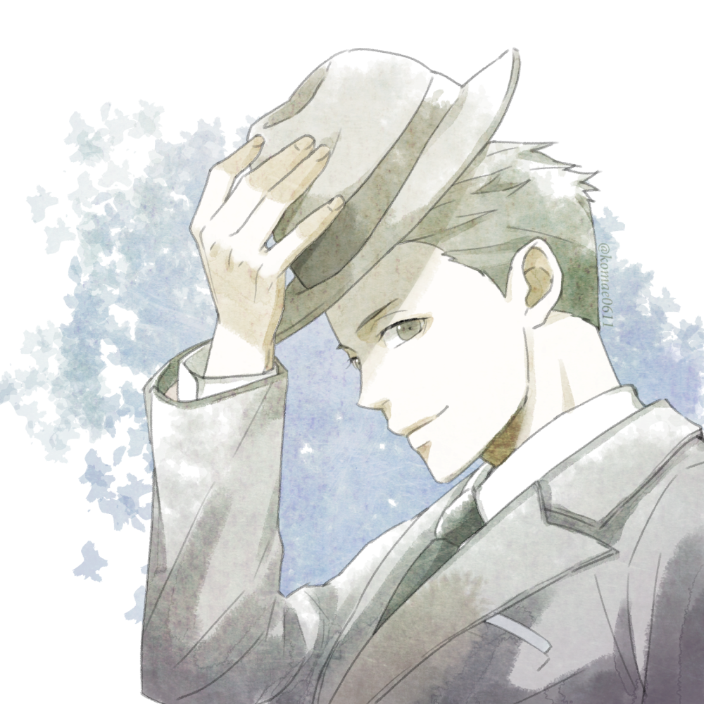 1boy, black_necktie, brown_eyes, brown_hair, formal, hat_tip, instagram_username, joker_game
