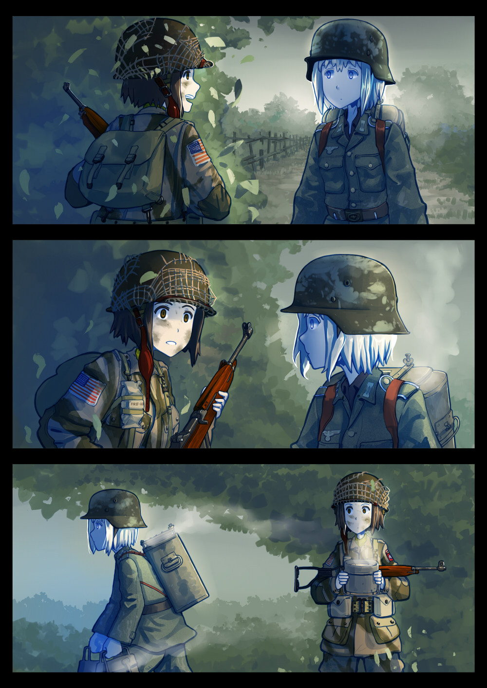 2girls, 3koma, backlighting, backpack, bag, comic, commentary, dirty_face