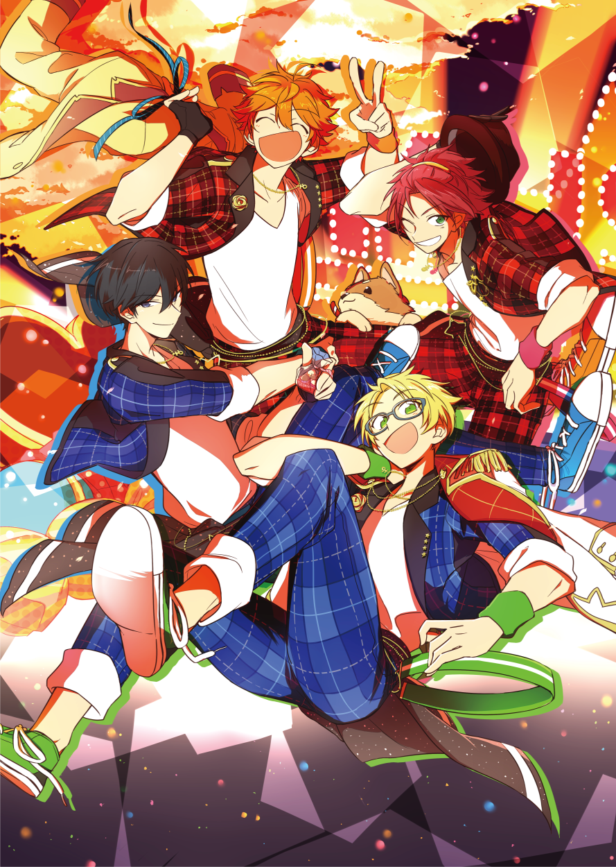 4boys, :d, akehoshi_subaru, black_hair, blonde_hair, bouquet, ensemble_stars!, flower