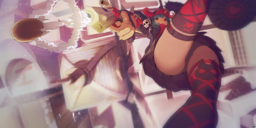 1girl, arm_at_side, ass, baseball_cap, belt, belt_buckle, black_jacket, black_legwear, black_panties, black_shoes, black_skirt, blue_hair, blurry, breasts, buckle, building, bullet, city, cross-laced_legwear, depth_of_field, falling, finger_on_trigger, firing, from_above, frown, gun, hand_on_headwear, hand_up, handgun, hat, heart, helipad, highres, holding, horned_headwear, horns, jacket, light_particles, lightning_rod, long_sleeves, medium_breasts, midair, miniskirt, mismatched_legwear, motion_blur, open_clothes, open_jacket, original, panties, pantyshot, paw_print, pleated_skirt, qianjing, red_eyes, red_legwear, red_shirt, rooftop, shade, shirt, shoe_soles, shoes, skirt, skull, skull_print, skyscraper, smoke, solo, spikes, thigh-highs, thigh_strap, towel, underwear, upside-down, upskirt, weapon, zipper