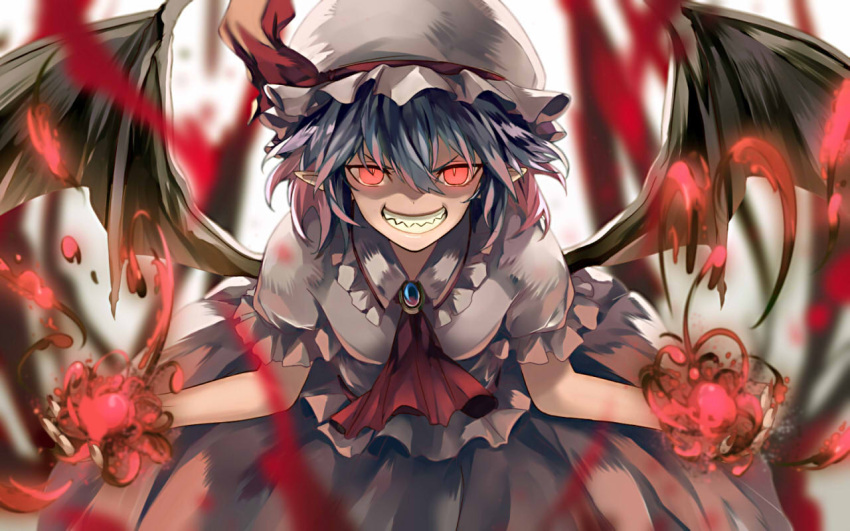 1girl, ascot, bat_wings, blood, blurry, brooch, clenched_teeth, collar