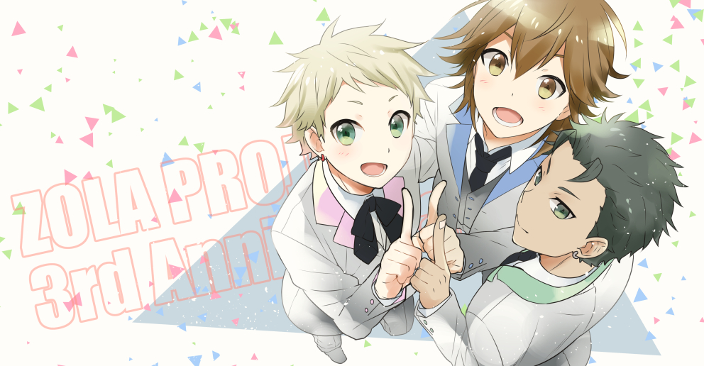 3boys, :d, anniversary, black_hair, blonde_hair, blue_eyes, brown_hair, copyright_name