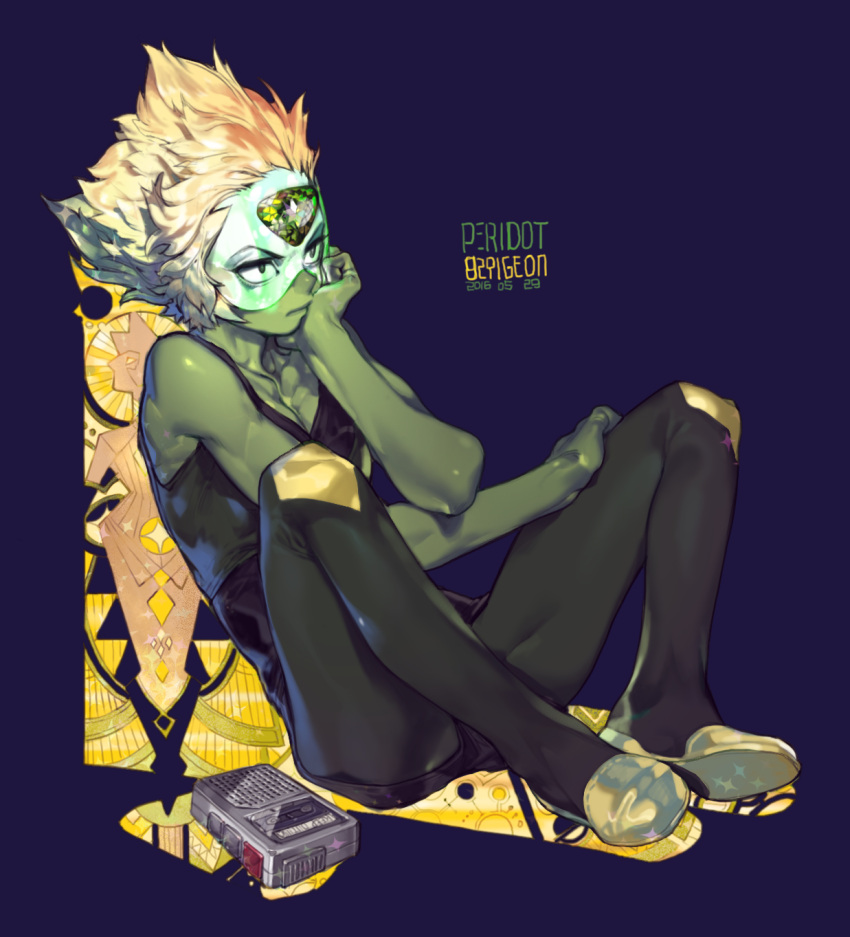 1girl, forehead_jewel, green_skin, highres, mural, peridot_(steven_universe), pigeon666, sitting