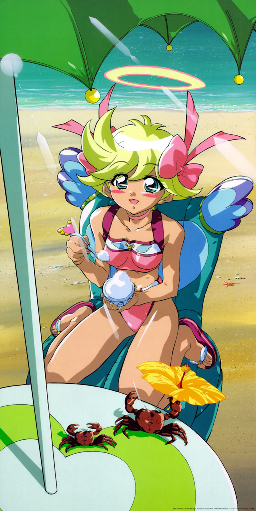 1girl, aqua_eyes, beach, beach_umbrella, blonde_hair, blush, bow, choker