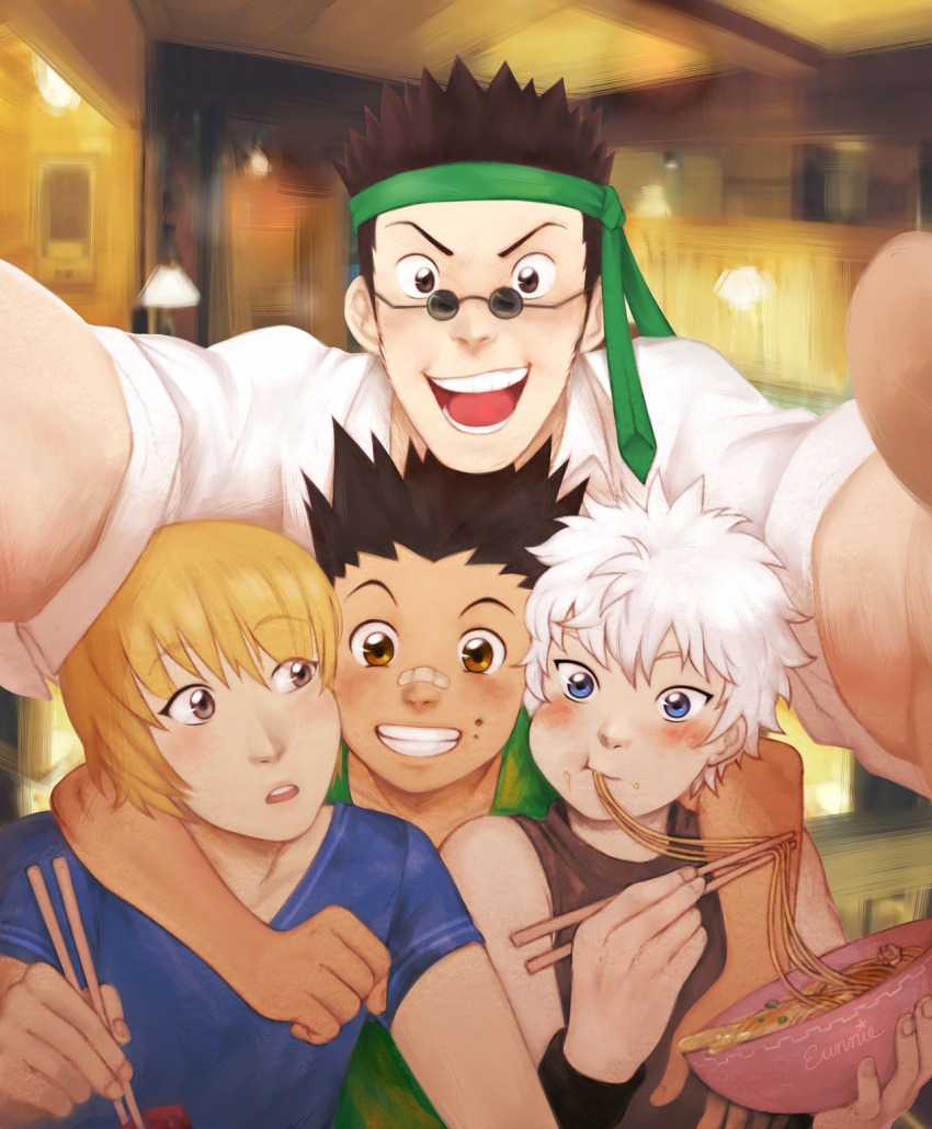 4boys, arm_around_neck, bandaid, bandaid_on_nose, blonde_hair, blue_eyes, bowl, brown_eyes, brown_hair, chopsticks, eating, eunnieboo, food, food_in_mouth, food_on_face, gon_freecss, grin, highres, hunter_x_hunter, killua_zoldyck, kurapika, leorio_paladiknight, male_focus, multiple_boys, necktie, necktie_on_head, noodles, open_mouth, room, self_shot, smile, spiky_hair, sunglasses, white_hair