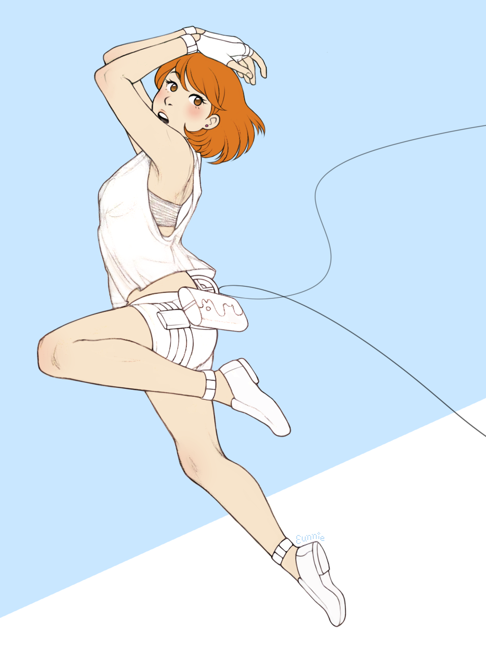 1girl, anklet, artist_name, bra, earrings, eunnieboo, fingerless_gloves, from_side