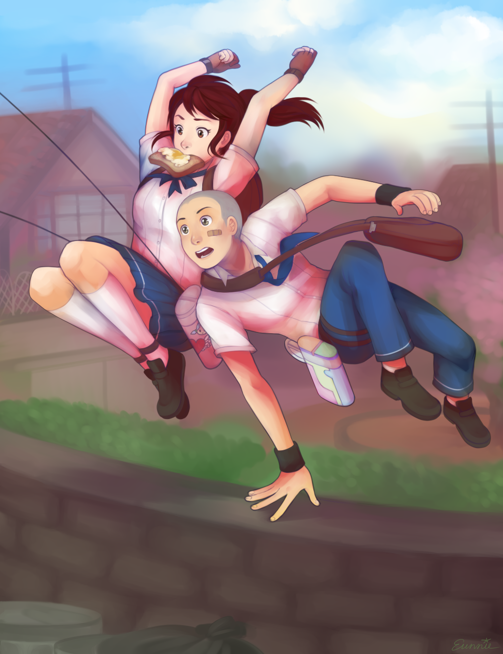 1boy, 1girl, backpack, bag, bandaid, bandaid_on_face, blue_sky, bookbag