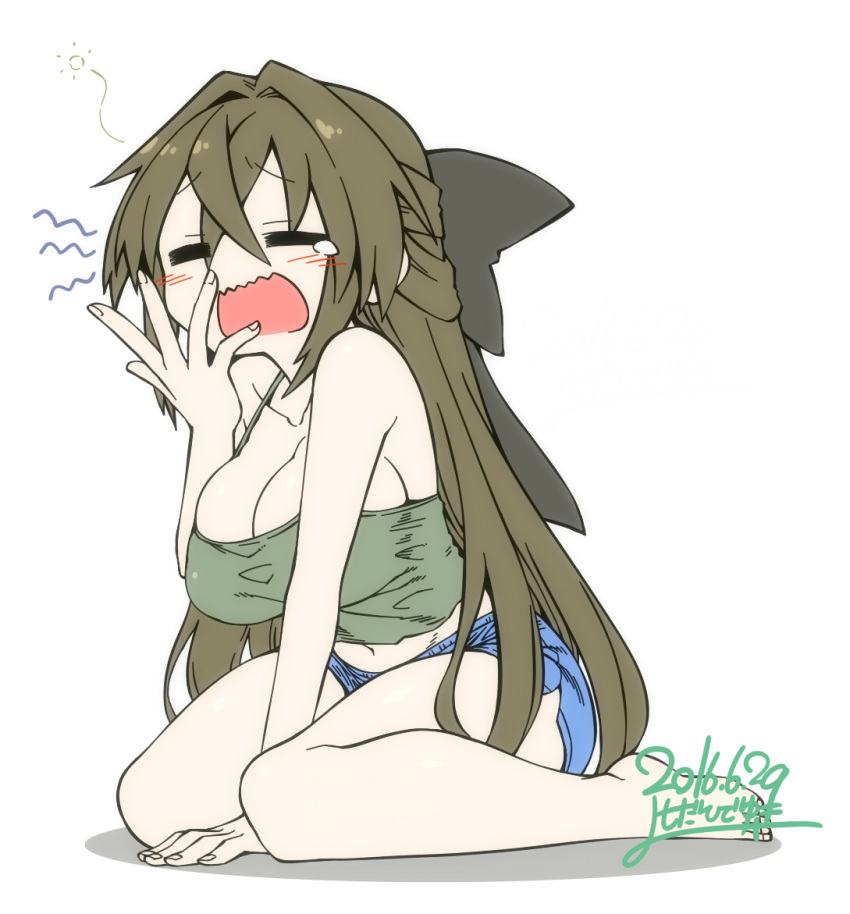 1girl, arm_support, bare_shoulders, barefoot, blush, bow, breasts, brown_hair, camisole, closed_eyes, hair_bow, hand_on_own_face, kanayama_nao, large_breasts, long_hair, midriff, navel, open_mouth, original, shorts, sitting, sketch, solo, yawning, yoshida_hideyuki