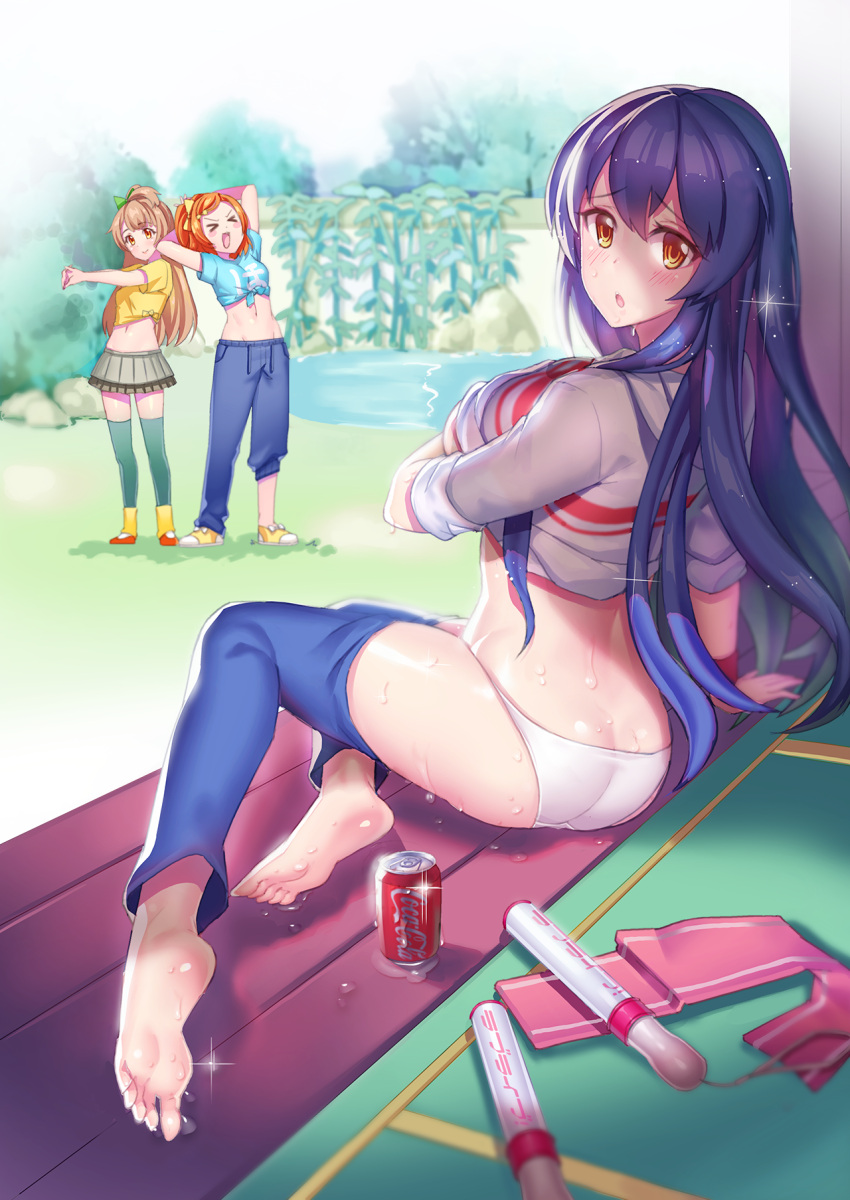 3girls, :o, ass, barefoot, brown_hair, clothes_writing, feet, groin