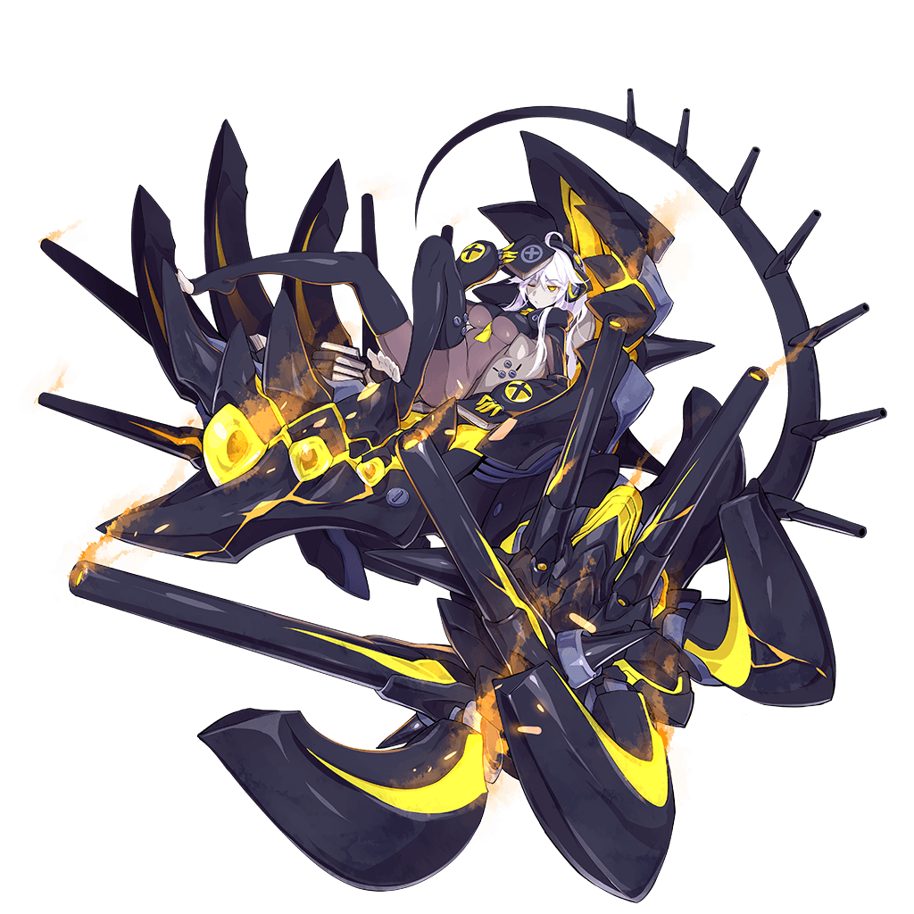 1girl, ahoge, arm_support, between_breasts, black_legwear, bodysuit, book, book_on_head, book_stack, bored, breasts, cannon, claws, enemy_tirpitz_(zhan_jian_shao_nyu), full_body, glowing, headgear, headphones, holding, holding_book, leaning_back, long_hair, necktie, necktie_between_breasts, ntrsis, object_on_head, official_art, one_eye_closed, pale_skin, reclining, sitting, skindentation, solo, spikes, spread_legs, tail, thigh-highs, toes, transparent_background, yellow_eyes, zhan_jian_shao_nyu