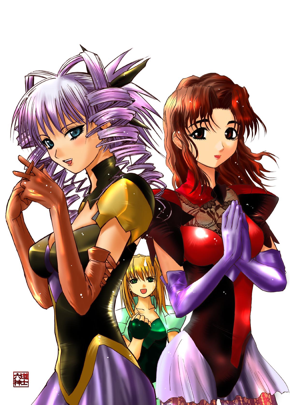 90s, armor, blonde_hair, blue_eyes, brown_eyes, brown_hair, drill_hair, elbow_gloves