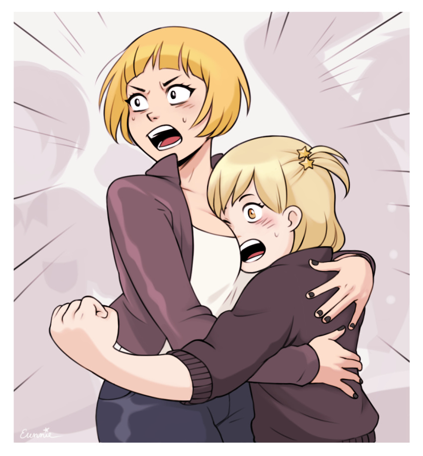 2girls, artist_name, between_breasts, black_eyes, blonde_hair, clenched_hand, commentary, derivative_work
