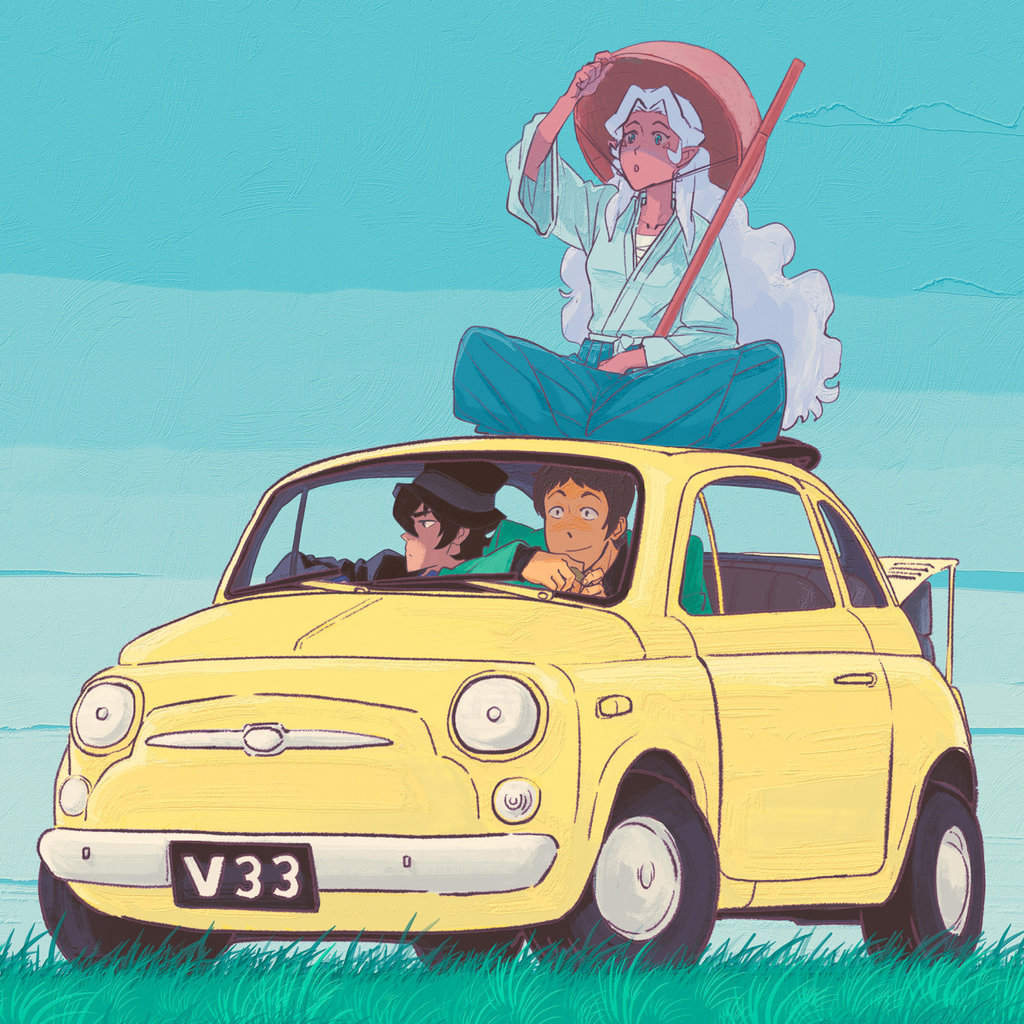 1girl, 2boys, arsene_lupin_iii, arsene_lupin_iii_(cosplay), blue_sky, car, castle_of_cagliostro, cosplay, dark_skin, fiat_500, formal, ground_vehicle, hyakujuu-ou_golion, ishikawa_goemon_xiii, ishikawa_goemon_xiii_(cosplay), jigen_daisuke, jigen_daisuke_(cosplay), keith_(voltron), lance_(voltron), lupin_iii, motor_vehicle, multiple_boys, parody, princess_allura, sideburns, sitting, sky, smile, steve_ahn, suit, voltron:_legendary_defender