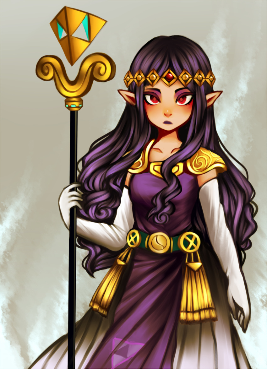 1girl, absurdres, armor, armored_dress, bangs, breasts, dress, elbow_gloves, forehead_jewel, gloves, highres, lemolunes, lipstick, long_dress, long_hair, makeup, parted_bangs, pauldrons, pointy_ears, princess_hilda, purple_hair, purple_lipstick, red_eyes, solo, staff, the_legend_of_zelda, the_legend_of_zelda:_a_link_between_worlds, tiara, triforce, wavy_hair, white_gloves