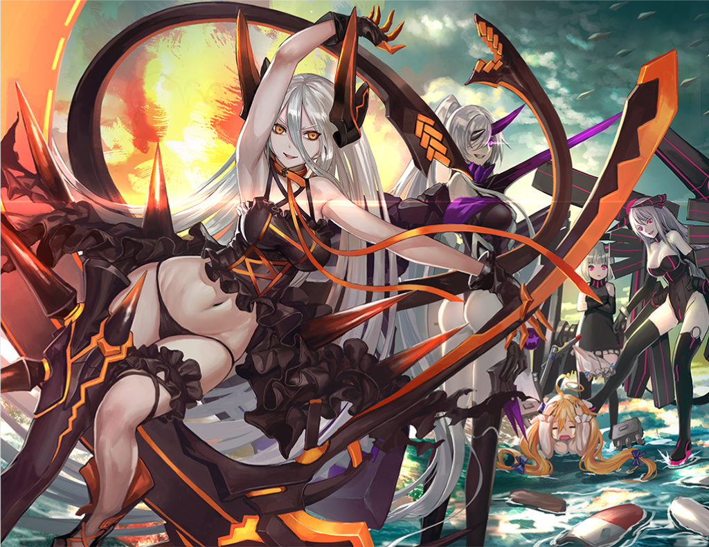 5girls, absurdly_long_hair, arm_up, armpits, ass, asymmetrical_legwear, bare_shoulders, black_dress