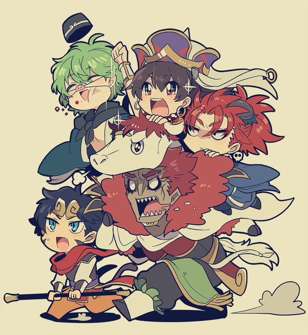 1girl, 4boys, armor, assassin_(fate/extra), beads, berserker_(fate/extra), black_hair, blue_eyes