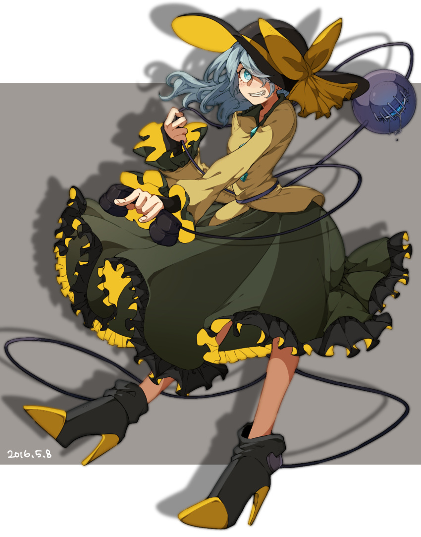 1girl, blouse, blue_eyes, boots, bow, dated, ear_piercing, frills