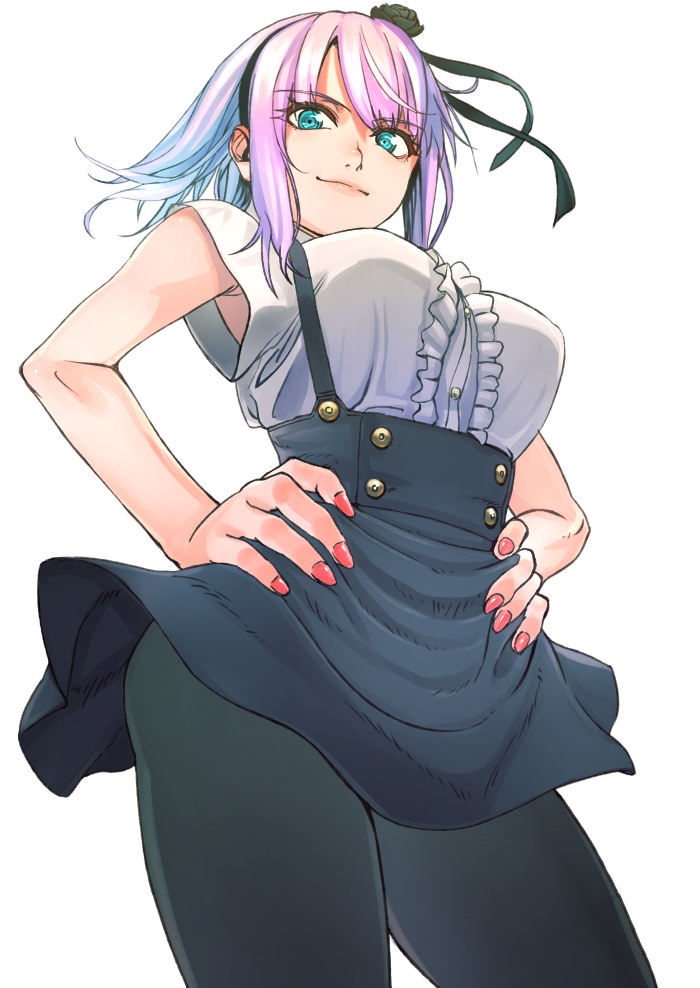 1girl, armpit_peek, black_legwear, blue_eyes, breasts, contrapposto, dagashi_kashi, from_below