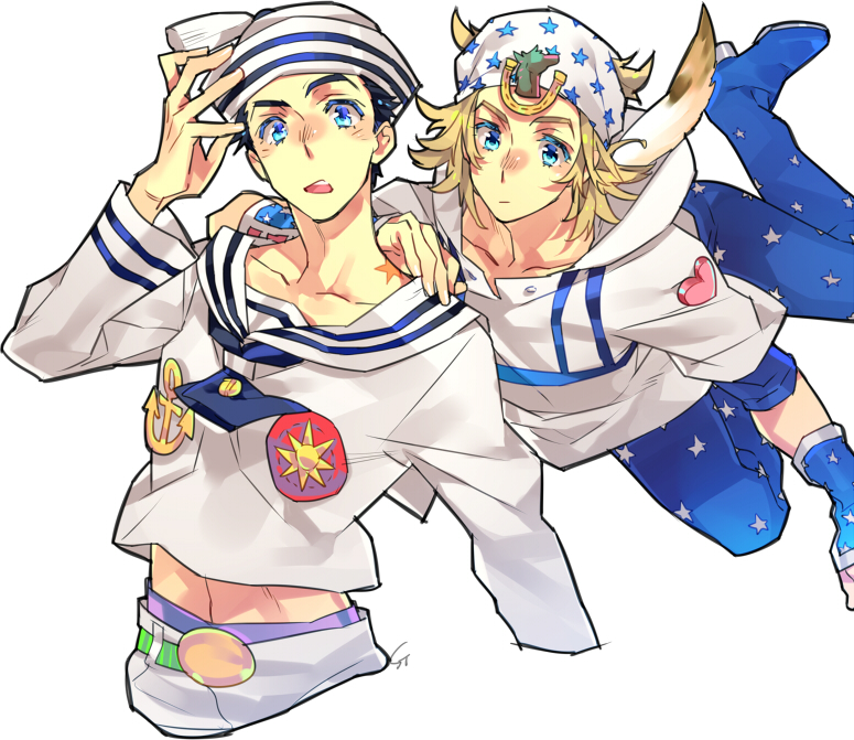 2boys, anchor_symbol, aqua_eyes, birthmark, black_hair, blonde_hair, blue_eyes, collarbone