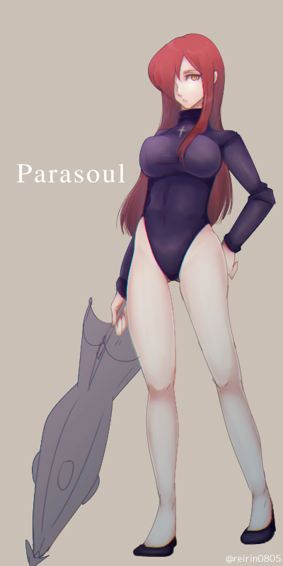 1girl, character_name, full_body, hair_over_one_eye, hand_on_hip, leotard, long_hair, orange_eyes, parasoul_(skullgirls), r-ko_(rayla), redhead, simple_background, skullgirls, solo, standing, umbrella, yellow_eyes