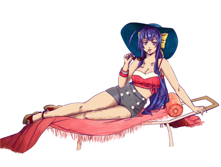 1girl, antenna_hair, blanket, blazblue, blazblue_remix_heart, blue_hair, bow, bracelet, breasts, carrotbro, chair, crop_top, folding_chair, full_body, genderswap, genderswap_(mtf), glasses_in_mouth, hair_between_eyes, hair_bow, hat, heart-shaped_sunglasses, jewelry, katy_perry, large_breasts, long_hair, looking_at_viewer, lying, mai_natsume, midriff, miniskirt, mouth_hold, on_side, parody, pillow, ponytail, reclining, red_eyes, ribbon, sandals, sidelocks, skirt, smile, solo, sun_hat, sunglasses, sunglasses_removed, very_long_hair