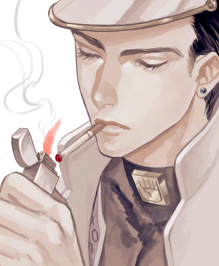 1boy, black_hair, cigarette, closed_eyes, coat, earrings, face, hat