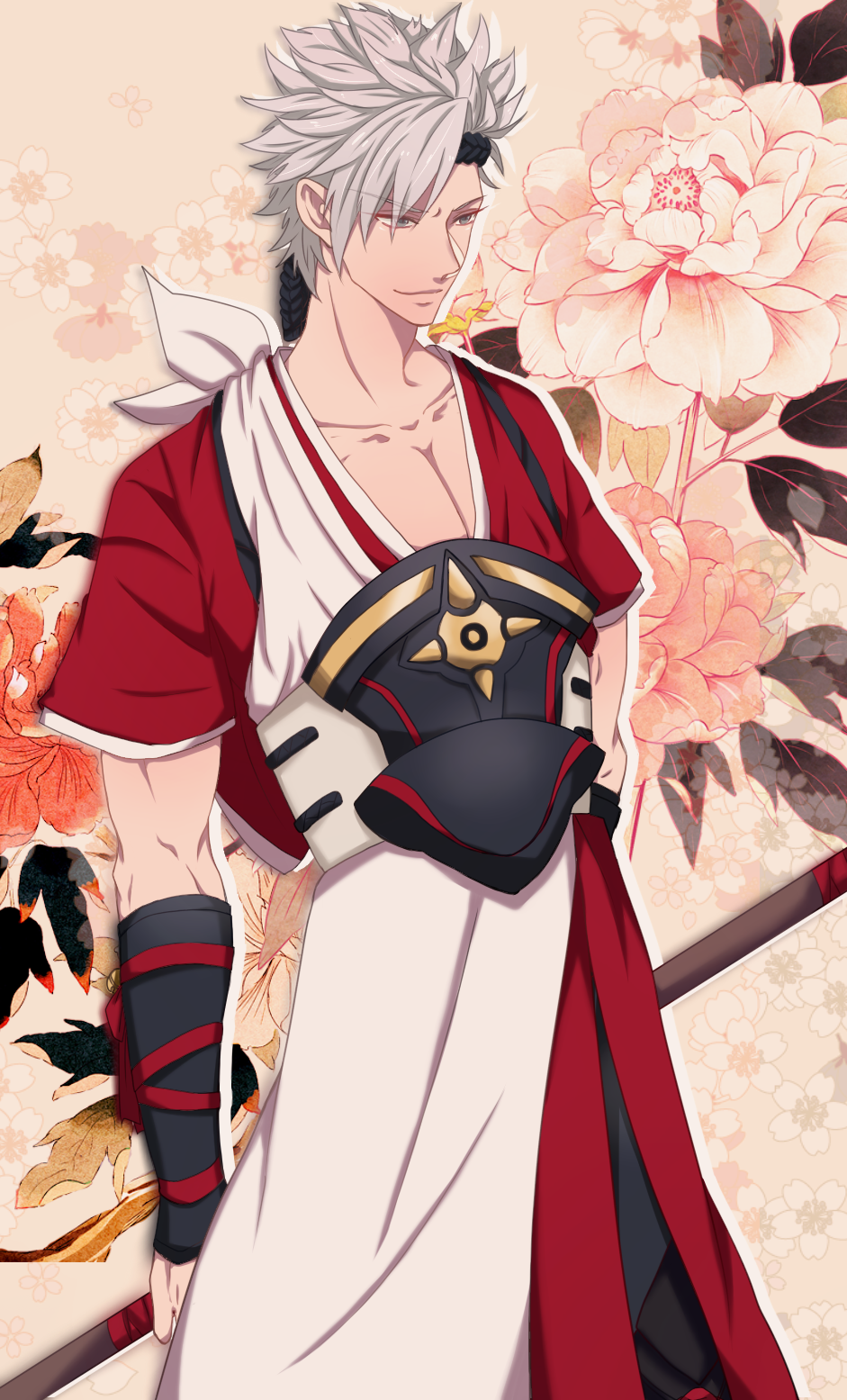 1boy, fire_emblem, fire_emblem_if, flower, grey_eyes, grey_hair, haebara_zanka, headband