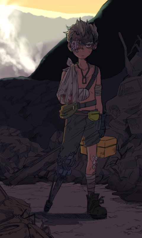 1boy, arm_wraps, bandaged_arm, belt, blonde_hair, boots, cross-laced_footwear, eyebrows