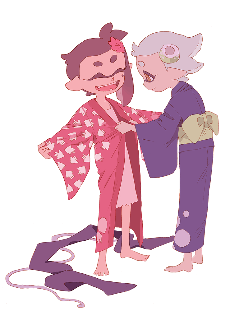 2girls, aged_down, black_hair, callie_(splatoon), domino_mask, dressing, fangs, japanese_clothes