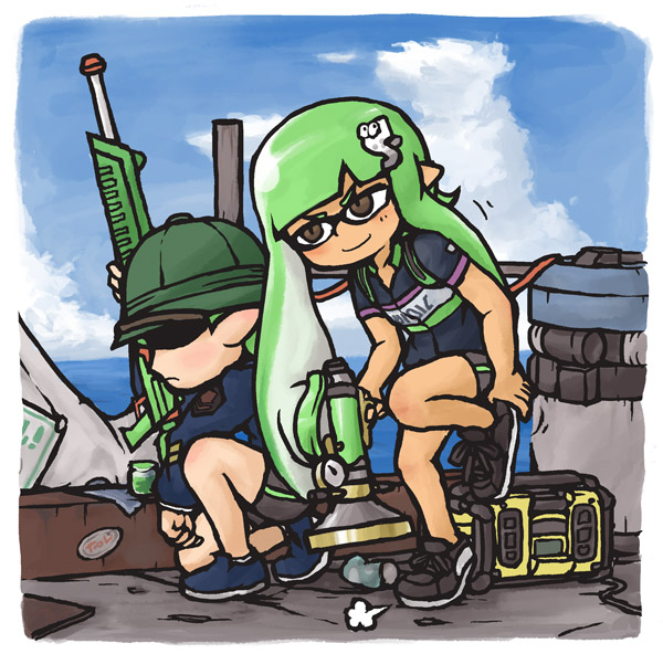aozakana_zabaano, bike_shorts, domino_mask, hair_ornament, hairclip, hat, inkling, jacket