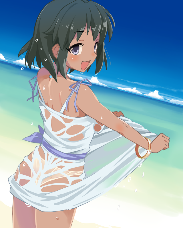 1girl, bare_shoulders, black_hair, blush, dark_skin, dress, dress_tug, idolmaster