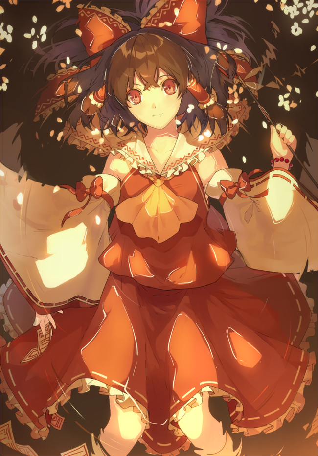 1girl, afloat, ascot, between_fingers, bow, brown_hair, cats_brain, closed_mouth