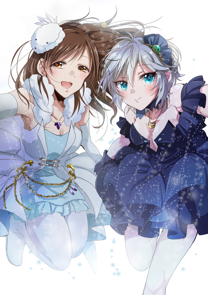2girls, anastasia_(idolmaster), blue_eyes, brown_eyes, brown_hair, gen_(enji), hat, highres