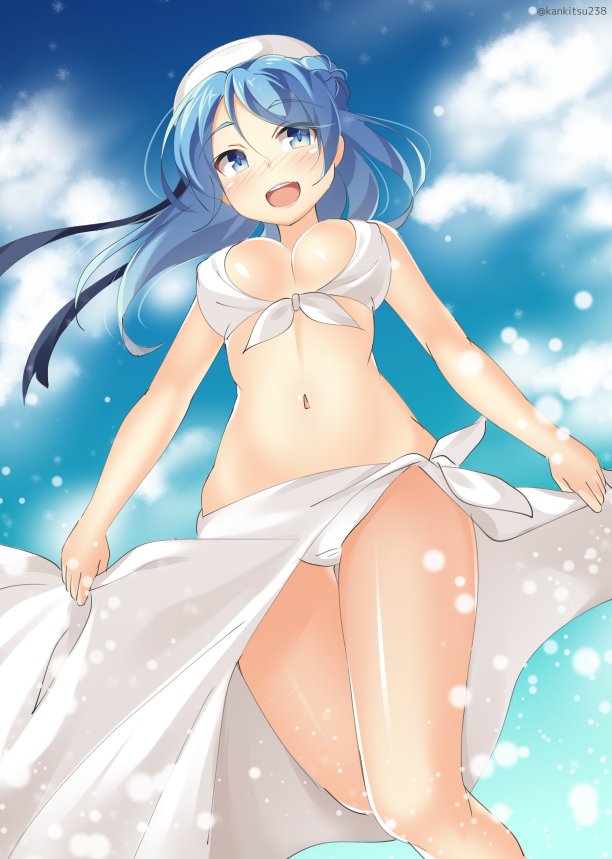 1girl, bikini, blue_eyes, blue_hair, breasts, cleavage, double_bun, from_below
