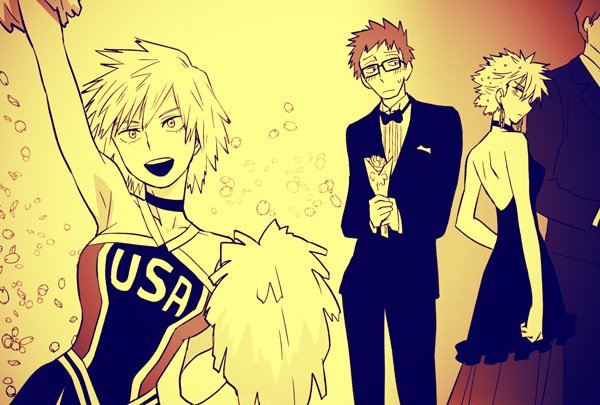 1girl, 2boys, :d, bakugou_katsuki's_dad, bakugou_katsuki's_mom, black_hair, boku_no_hero_academia, bow, bowtie, cheerleader, choker, earrings, flower, glasses, jewelry, monochrome, multiple_boys, open_mouth, petals, pom_poms, round_teeth, smile, spiky_hair, teenage, teeth, tobita, tuxedo, younger