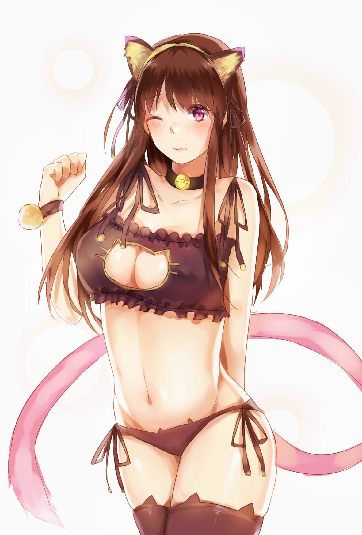 1girl, 3;, alti_meizi, animal_ears, arm_behind_back, bell, bell_collar, black_legwear, black_panties, blush, breasts, brown_hair, cat_ears, cat_lingerie, cat_tail, cleavage, clenched_hand, closed_mouth, collar, collarbone, contrapposto, fake_animal_ears, highres, iki_hiyori, large_breasts, long_hair, noragami, one_eye_closed, panties, paw_pose, pink_eyes, side-tie_panties, solo, tail, thigh-highs, underwear, wavy_mouth