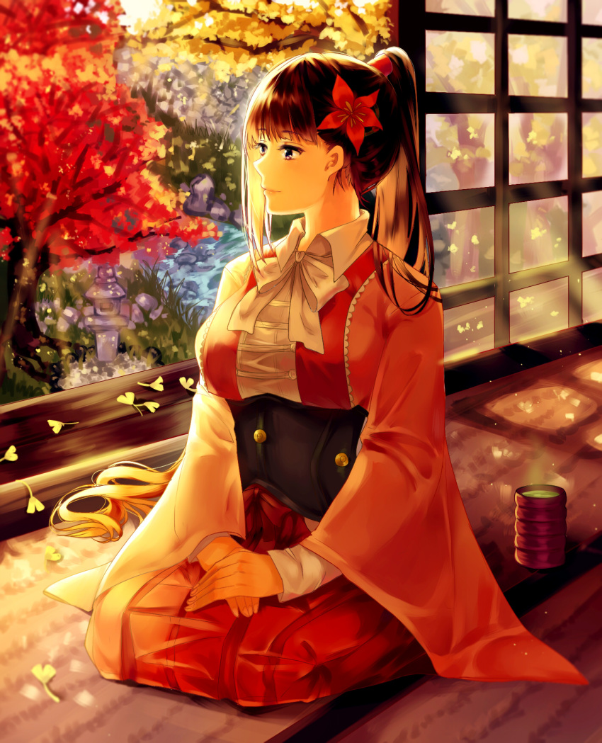 1girl, alti_meizi, autumn_leaves, breasts, brown_eyes, brown_hair, full_body, ginkgo_leaf